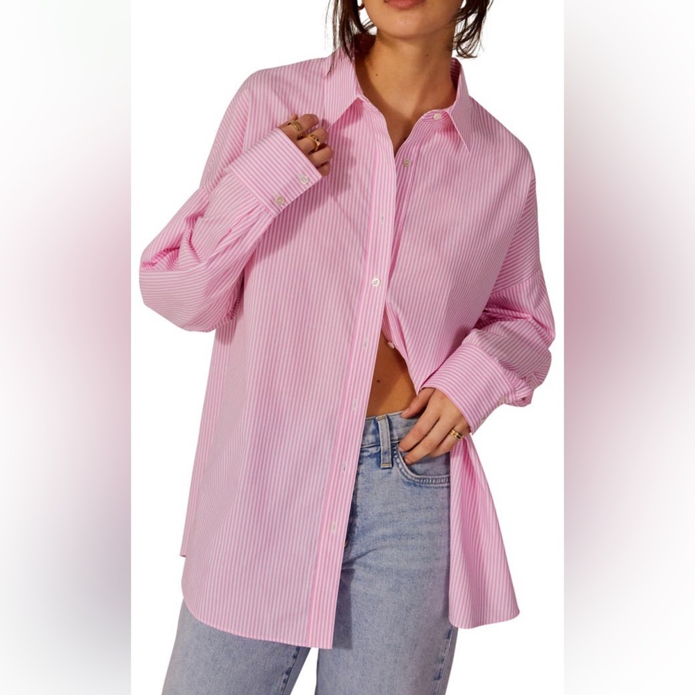 Favorite daughter pink and white stripe ex-boyfriend, collared shirt, size small